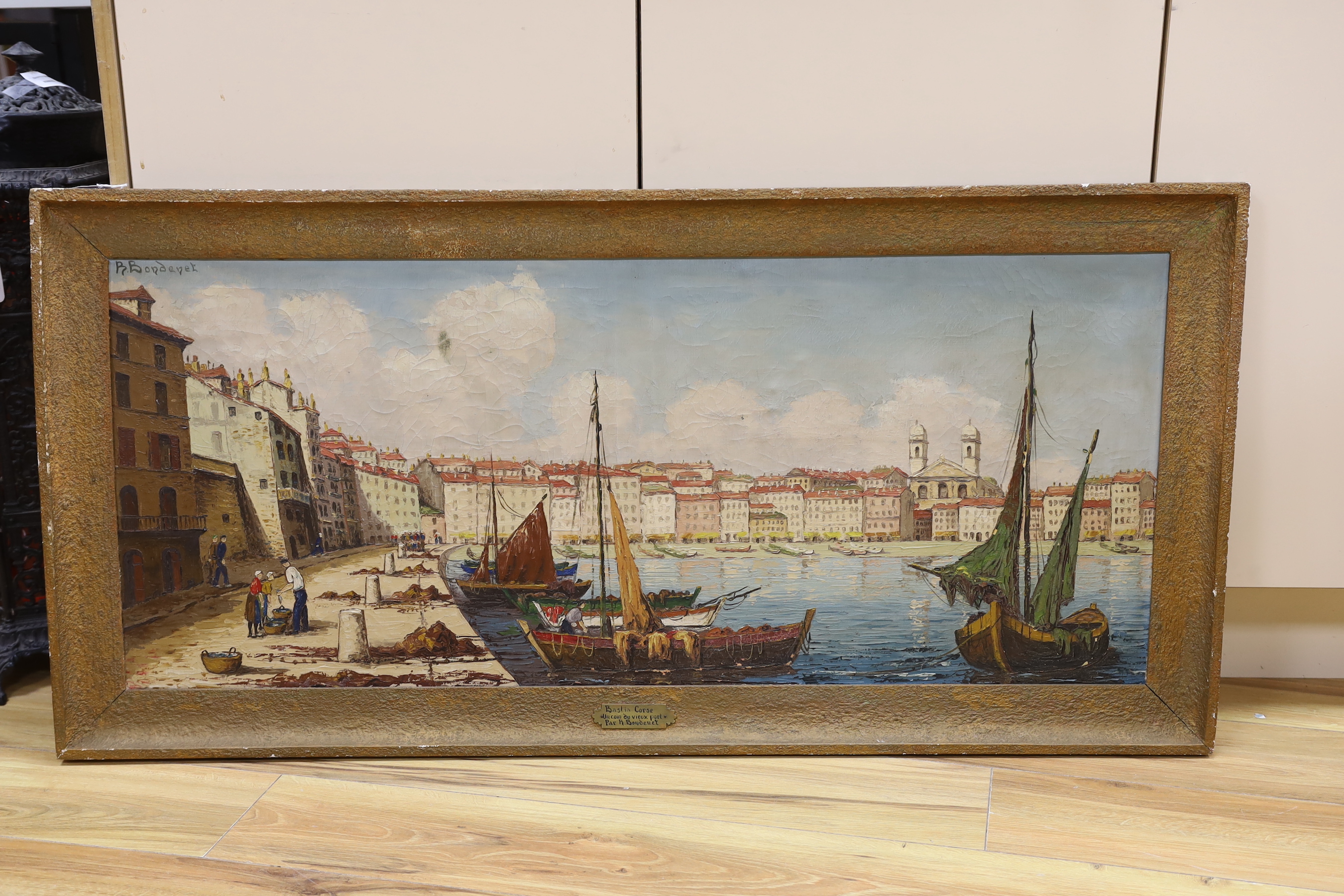 René Bondenet, oil on canvas, 'Bastia Corse, a corner of the old port', signed, 44 x 104cm